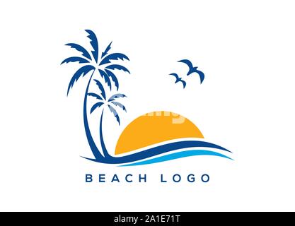 Icône palmier de l'été et voyage d'illustration vectorielle logo design, logo design, vecteur de plage coucher du soleil logo design logo illustration vecteur d'onde. Illustration de Vecteur