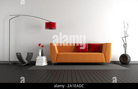 Minimalist salon avec canapé orange contre mur blanc et noir plancher de bois franc - 3D Rendering Banque D'Images
