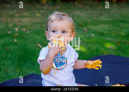 Un adorable petit garçon aime célébrer son premier anniversaire lors d'une fête avec un gâteau aux couleurs vives d'un smash gâteau glacé à l'extérieur dans le jardin Banque D'Images