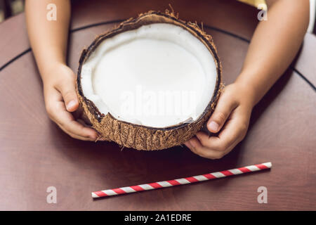 Frais fait maison traditionnelle main part appuyé sur le lait de coco dans une moitié de noix de coco. Ingrédients sains. Fond de bois. Banque D'Images