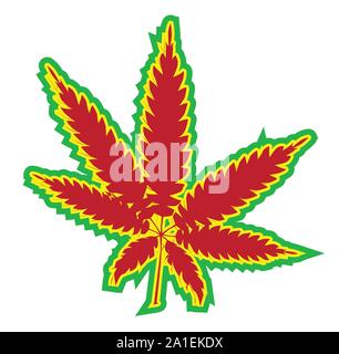 Une feuille de cannabis dans le rouge vert et jaune, couleurs du drapeau Rastafari isolé sur fond blanc Illustration de Vecteur