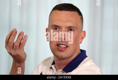 La société britannique Richard Kilty pose pour des photos lors d'une session de support au Movenpick Hotel West Bay, Doha. Banque D'Images