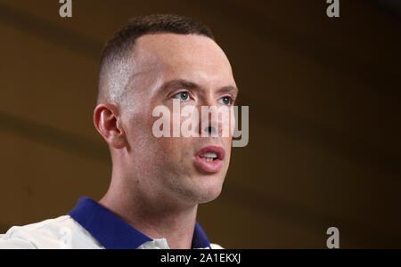 La société britannique Richard Kilty pose pour des photos lors d'une session de support au Movenpick Hotel West Bay, Doha. Banque D'Images