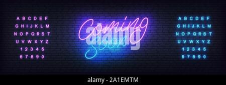 Néon lettrage vecteur bientôt. La lumière rougeoyante signe lumineux pour le marketing, la publicité ou la promotion Illustration de Vecteur