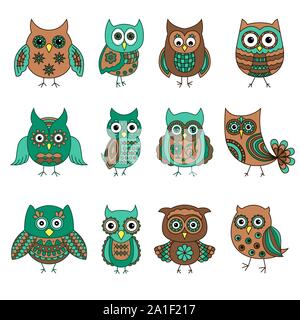 Ensemble de douze dessins hiboux avec différents motifs dans des couleurs sourdes isolé sur fond blanc Illustration de Vecteur