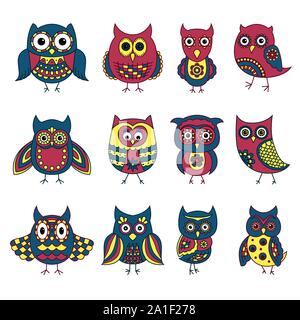 Ensemble de douze cartoon funny hiboux avec différents motifs dans des couleurs sourdes isolé sur fond blanc Illustration de Vecteur