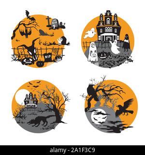 Vector Set pour Halloween, quatre petite illustration avec des personnages de l'Halloween (cimetière, maison fantôme effrayant, forêt morte avec maison hantée et werew Illustration de Vecteur