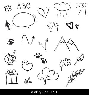 Éléments de conception à la main. Vector set de doodle croquis. Flèches, couronne, coeur, bulle, boîte-cadeau, fleur Illustration de Vecteur