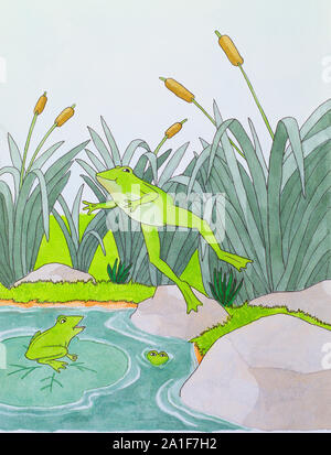 Grenouilles dans un bassin. L'illustration. Banque D'Images