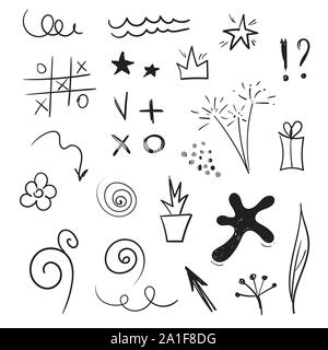 Doddle éléments de conception. Vector set de croquis dessinés à la main. Blot, flèches, étoiles, spirales, tic tac toe, fleurs, cierges Illustration de Vecteur