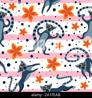 Modèle sans couture avec mignon lémuriens avec fleurs plumeria sur fond rayé. Télévision vector illustration. Illustration de Vecteur