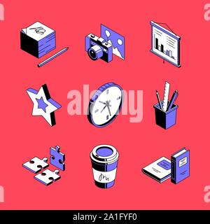 Accessoires de travail colorés - vector icons set isométrique Illustration de Vecteur