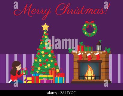 Carte de vœux de l'arbre de Noël décoré et les cadeaux sous l'arbre, cheminée, guirlande. Illustration de Vecteur