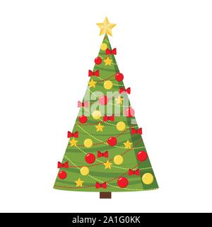 Arbre de Noël décoré avec des étoiles, boules de décoration et d'arcs. Illustration de Vecteur