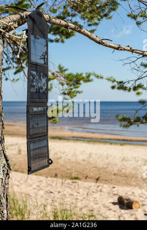 Panneau solaire pliable portable accroché sur la batterie à l'extérieur, sur un pin au bord de la mer près de la plage de sable Banque D'Images