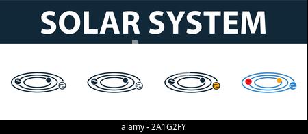Système solaire icon set. Quatre symboles simples dans des styles différents de l'espace collection d'icônes. Système solaire créative, remplie d'icônes et de couleur, de contour Illustration de Vecteur