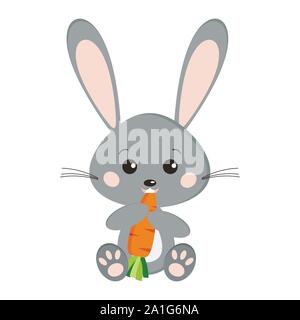 De l'icône gris doux mignon isolé de lapin assis dans la pose avec carottes à paw Illustration de Vecteur