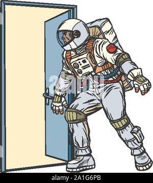 Astronaut ouvre la porte à l'inconnu. Retro pop art dessin illustration stock vector Illustration de Vecteur