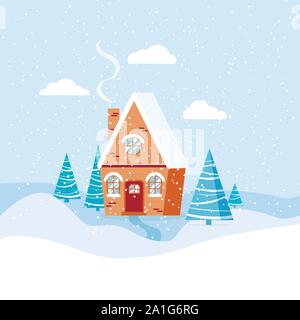 Paysage d'hiver avec country house, sapins, nuages, neige en cartoon style plat. Illustration de Vecteur