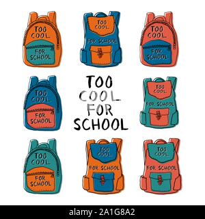 Ensemble de huit sacs à main colorés avec trop cool pour le lettrage de l'école sur le dessus. Les modèles pour ordinateur portable autocollants, affiches, étiquettes, couvre Illustration de Vecteur
