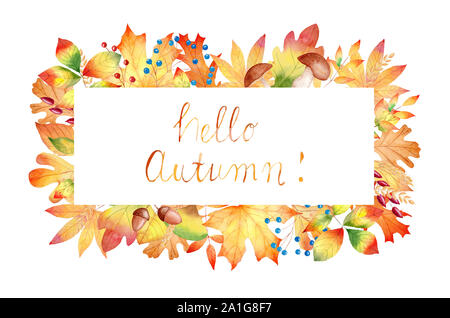 Festival d'automne bonjour raster modèle châssis dessiné à la main. Feuille de chêne, d'Érable à la frontière de forme ronde avec copyspace. La flore forestière, saisonniers fest carte de souhaits Banque D'Images