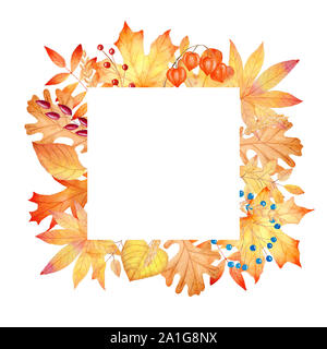 Saison d'automne, les feuilles de la forêt modèle de châssis raster dessiné à la main. Feuille d'érable, tilleul en forme de carrés frontière avec copyspace. Carte de vœux saisonniers fest nov Banque D'Images
