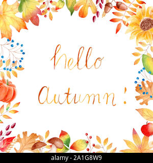 Bonjour automne aquarelle modèle de page raster avec lettrage. Saison agricole, la récolte, l'affiche de la fête de la conception de cartes postales de vœux. Fol d'or de la forêt Banque D'Images