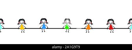 Enfants mignon sans frontière répéter. Ligne de séparation enfants design. Hand drawn Doodle filles assis sur une corde. Cute kids dessinés à la main, assis sur une bande Illustration de Vecteur
