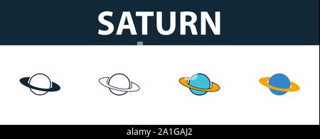 Saturne icon set. Quatre symboles simples dans des styles différents de l'espace collection d'icônes. Saturne créatif rempli d'icônes de couleur, contours, symboles et télévision Illustration de Vecteur