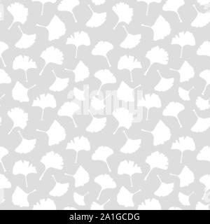 Le Ginkgo Biloba plante modèle transparent, de grandes feuilles blanches silhouettes sur fond gris. Vector Illustration Monochrome. Thème de la médecine ayurvédique. Arbre japonais. Illustration de Vecteur