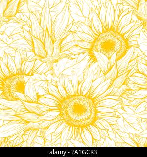 Le tournesol hand drawn seamless vector pattern. Fleur fleurs jaune stylo encre de texture. Contours croquis illustration. Helianthus vintage dessin libre. Floral, jardin botanique du papier d'emballage, le design textile Illustration de Vecteur
