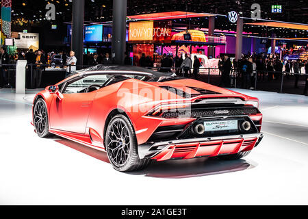 Francfort, Allemagne, 10 Sep 2019 - rouge métallique Ouragan Lamborghini Spyder Evo à l'IAA, l'année modèle 2020 fabriqué par l'Italien Lamborghini supercar Banque D'Images