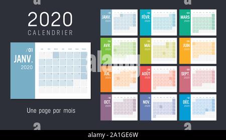 Année 2020 Calendrier mensuel coloré, en langue française, sur fond noir. Modèle de scénario. Illustration de Vecteur