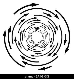 La rotation, tournent, concept torsion flèche circulaire illustration. radial, irradiant, spirale tourbillon, tournoiement de pointeurs. design pratique, recyclage, reprise Illustration de Vecteur