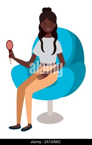 Jeune femme assise au salon afro chaise avec comb Illustration de Vecteur