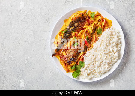 Saba grillé, curry Panang curry jaune avec le maquereau poisson servi avec riz long grain cuit à la vapeur sur une plaque sur une table béton Vue de dessus, flatla Banque D'Images