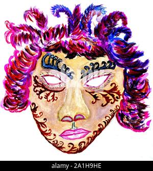 Festival, carnaval, masque de décoration illustration à l'aquarelle. Banque D'Images