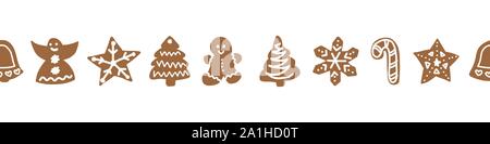 Frontière avec noël gingerbread cookies. Hand drawn vector illustration pour fêtes de fin d'année design. Angel, Star, arbre, Candy Cane, Gingerbread Man Illustration de Vecteur