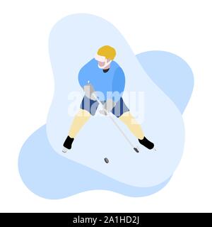 Le joueur de hockey avec bâton de hockey, hockey sur glace palet sur fond blanc. Arrière-plan de sports d'hiver. L'homme jouant au hockey. Tournoi, championnat, competit Illustration de Vecteur
