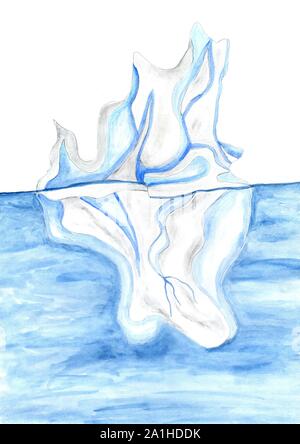 Iceberg énorme de couleur bleu aquarelle peint design. Banque D'Images