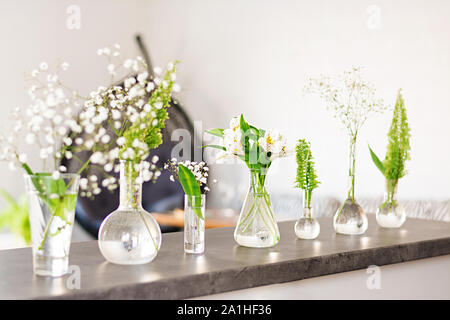 De belles fleurs de printemps dans un des vases sur fond clair Banque D'Images