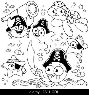Ensemble d'animaux de mer pirate avec des épées, Spyglass, crochets et chapeau de pirate. Livre de coloriage noir et blanc la page. Banque D'Images
