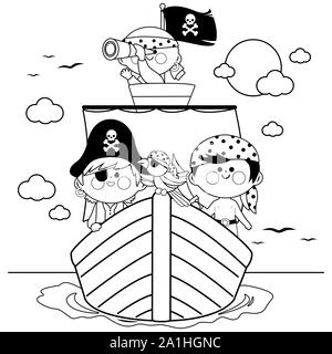 Heureux pirate capitaine garçons avec une voile de perroquet sur un bateau dans l'océan. Enfants pirates naviguant sur un bateau pirate en mer. Aventure pirate pour enfants. Banque D'Images