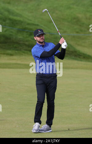 Justin Timberlake sur le 4e trou lors de la deuxième journée de l'Alfred Dunhill Links Championship à Kingsbarns Golf Links. Banque D'Images