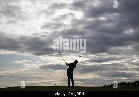 Sur le Rory McIlroy 4e trou lors de la deuxième journée de l'Alfred Dunhill Links Championship à Kingsbarns Golf Links. Banque D'Images