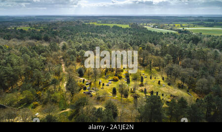 Landes de Monteneuf (Bretagne, nord-ouest de la France) : Vue aérienne de les menhirs de Monteneuf, archaeosite de Brocéliande, site mégalithique reg Banque D'Images