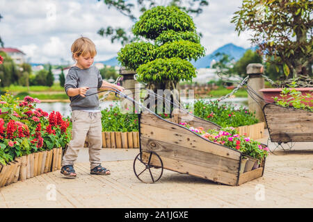 Roue enfant poussant un chariot dans le jardin. gentil petit bébé Garçon jouant avec brouette sur cour. kid faisant glisser un jouet panier à l'extérieur. Banque D'Images