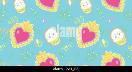 Seamless vector le jour des morts avec motif art folklorique burning red Heart et shugar scull dans des tons pastel. Drôle et heureux pour votre fête parfaite. Illustration de Vecteur