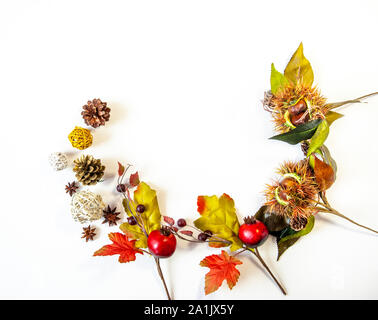 Les feuilles d'automne et les décorations de Noël sur fond blanc Banque D'Images