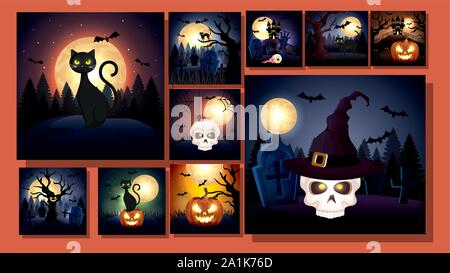 Les cartes avec des scènes d'halloween Illustration de Vecteur
